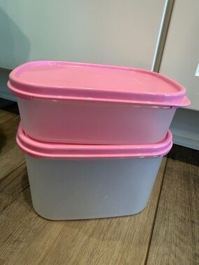 Tupperware Pink and White Oval Stackable Storage Set